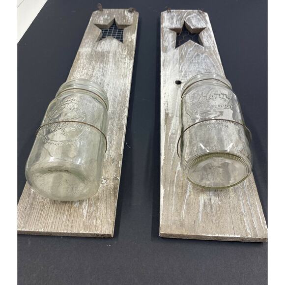 Set of Large 26" Wood farmhouse Barn Art wall hanging rustic mason jar sconces - Picture 3 of 9